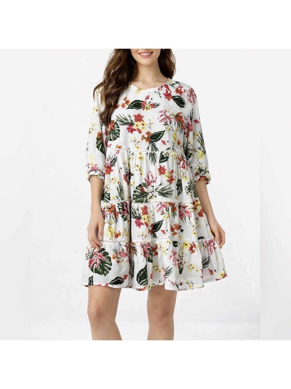 Wayward Fancies by eShakti White Cotton Palm Floral Tiered Dress Pockets 1X
